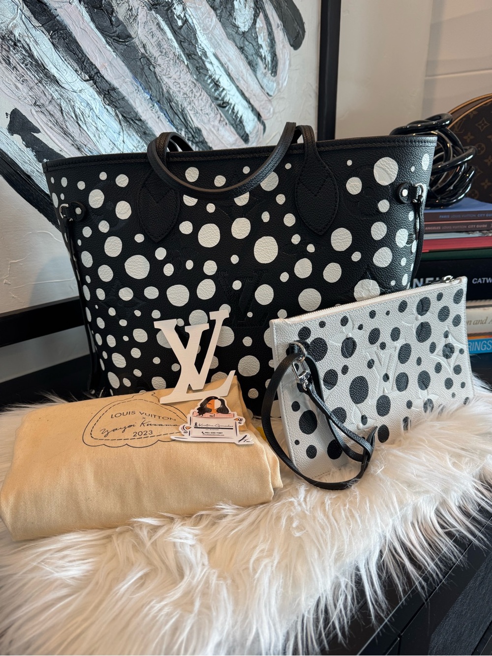 Kusuma x LV Black and White Polka Dot Tote Leather Neverfull with Pouch
